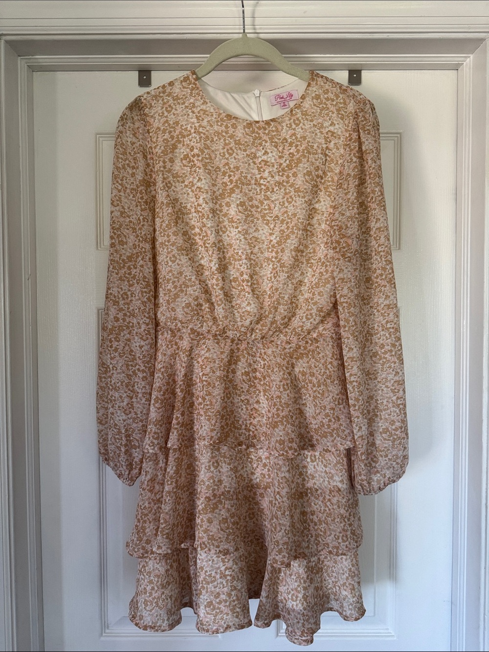 Pink Lily Peach Leopard Tiered Long-Sleeve Dress